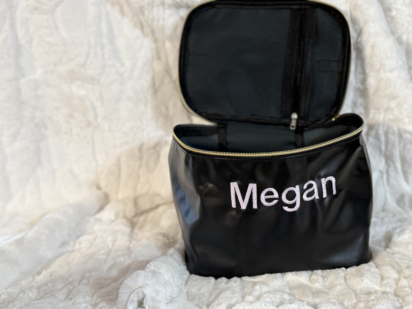 Personalized Black faux leather makeup bag