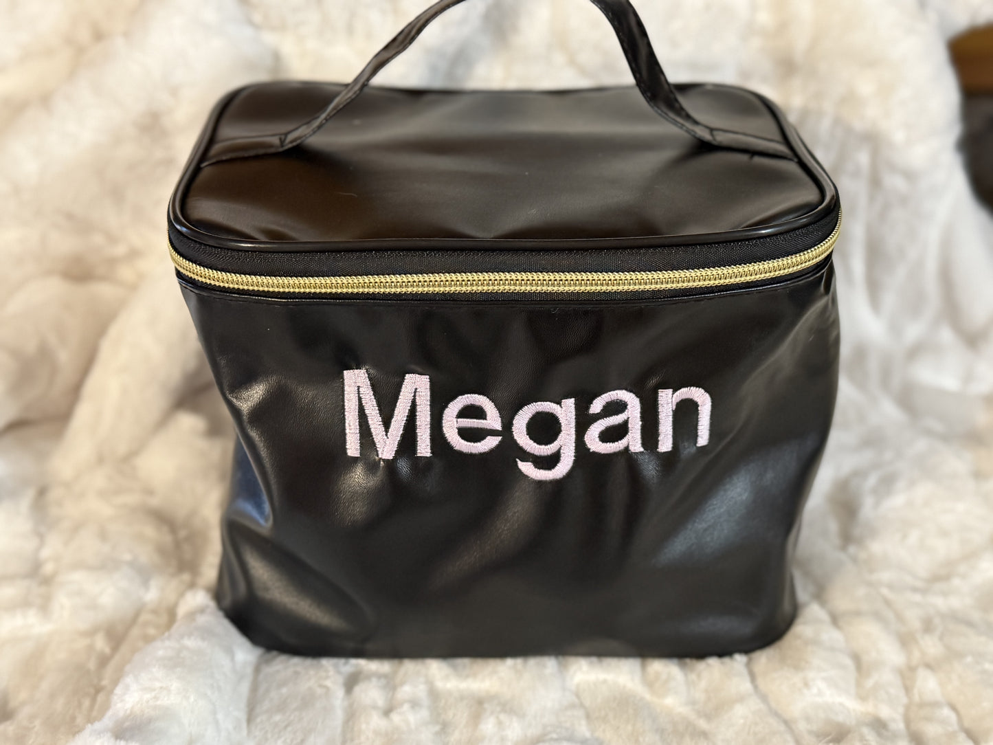 Personalized Black faux leather makeup bag